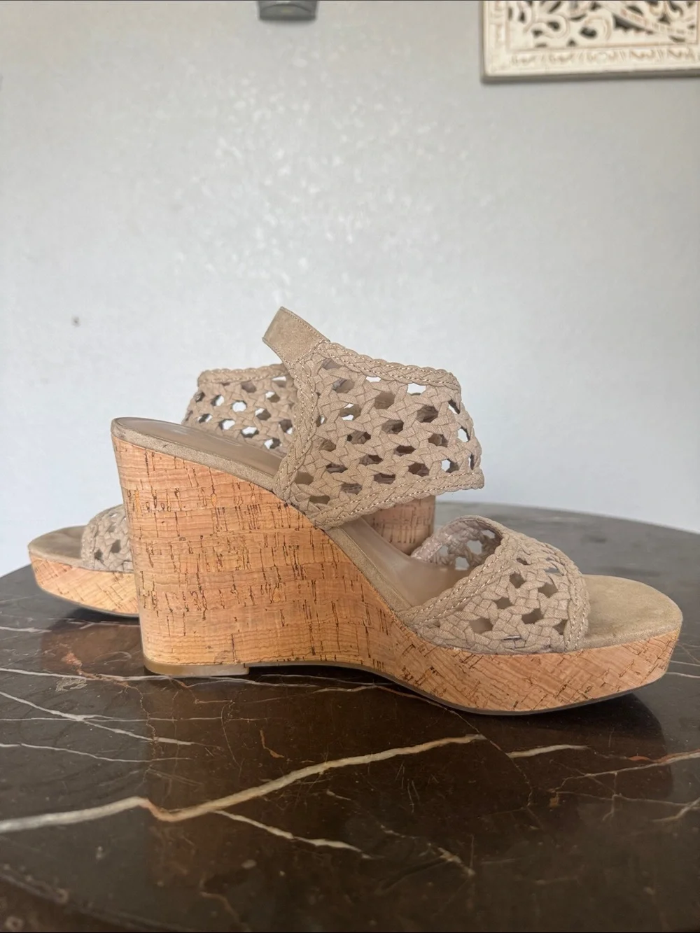 Mix No. 6 Taupe Braided Crochet Cork Wedge Sandals